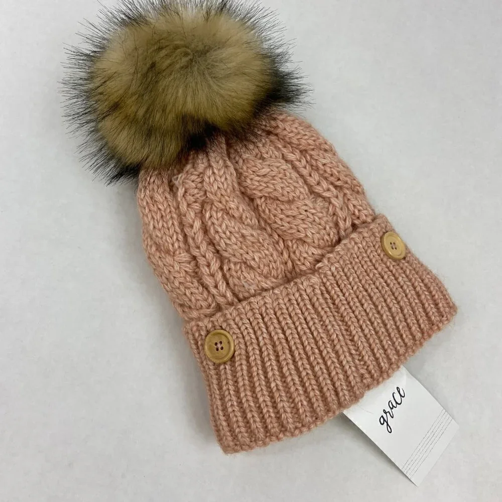 Grace Cable Knit Pom Pom Hat with Ribbed Mask